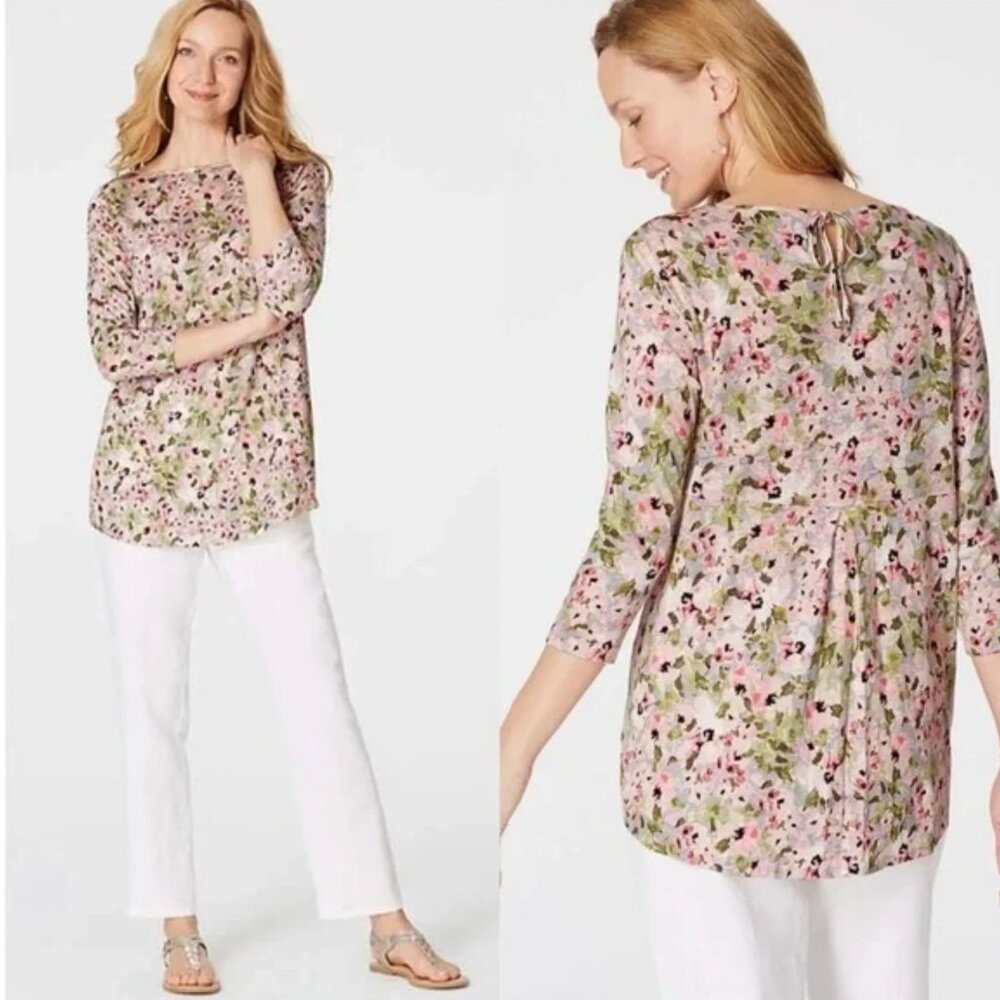 J. Jill Love Linen XS Gray Pink Green 100% Linen Floral Drop Waist Keyhole Top